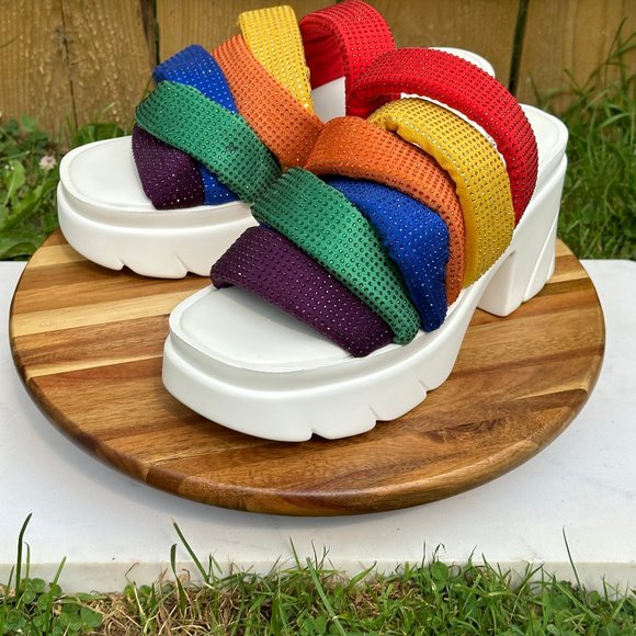 Cape Robbin Multi- Color Spandex Mid Block Heels Rhinestone Trim Sandals - Picture 3 of 10